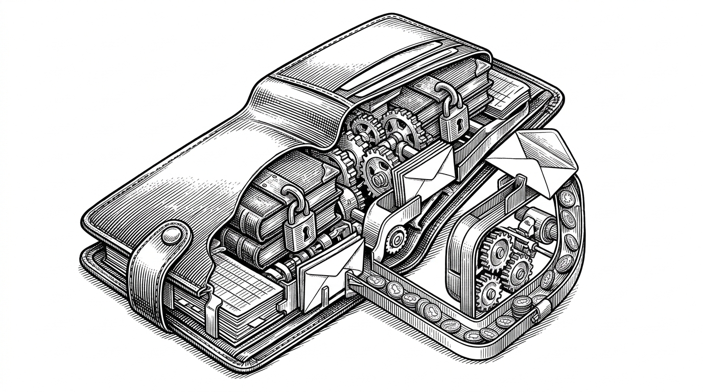 A polished wallet sits in the foreground while a hidden machine of gears, locks, ledger pages, and routed envelopes runs behind it. The image explains that Vaultly is less about a friendly UI and more about the system discipline required to move money safely.