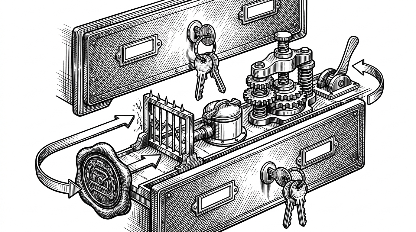 A close-up shows two database rows being locked in a fixed order while a narrow corridor carries transfer steps from one end to the other. One retry arrow loops back toward the start, but it stops at an idempotency seal before it can create a duplicate debit.