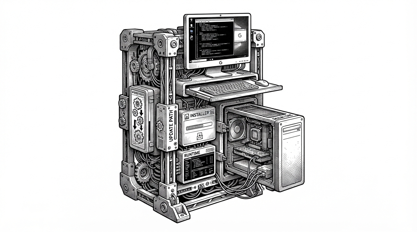 A desktop computer rendered as a modular mechanical assembly, with the monitor, tray, updater, installer, and runtime all socketed into a central frame. One removable module is clearly the desktop shell itself, showing that the host interface participates in the same system it presents.