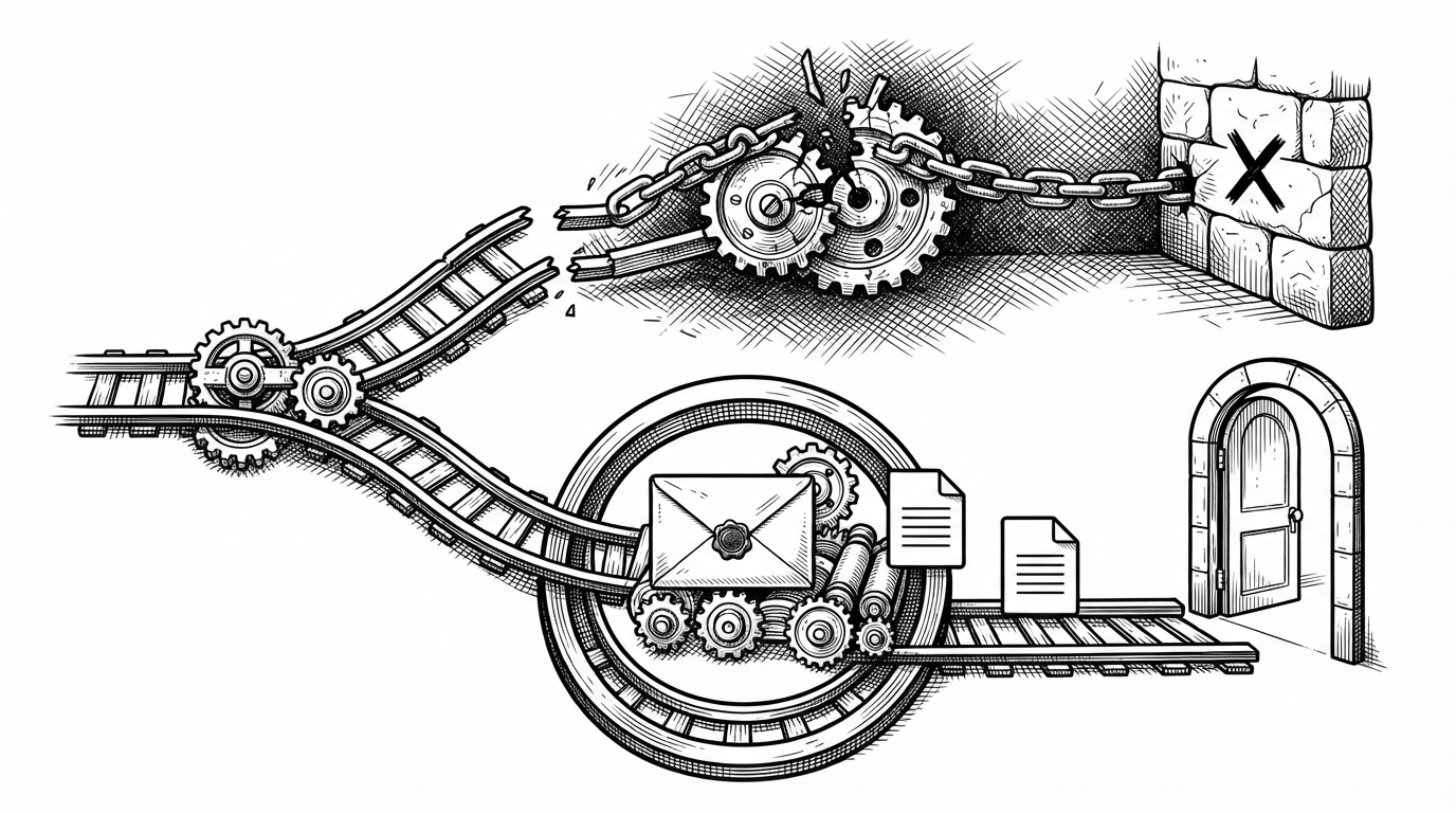 A close-up of a broken installation path being diverted away from a dead end. One route crashes into a snapped chain, while another route bends through a sealed backup envelope and restores two files before reopening the app safely.