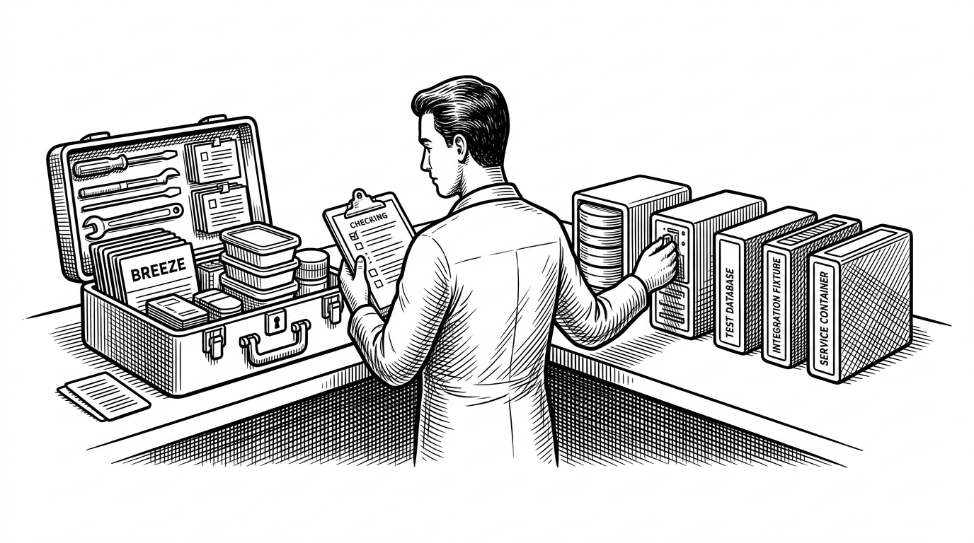 A contributor stands at a precise workbench beside a locked, standardized environment kit and a row of interchangeable databases and containers. The scene explains how Breeze turns a large open-source project into a reproducible assembly line for contributions.