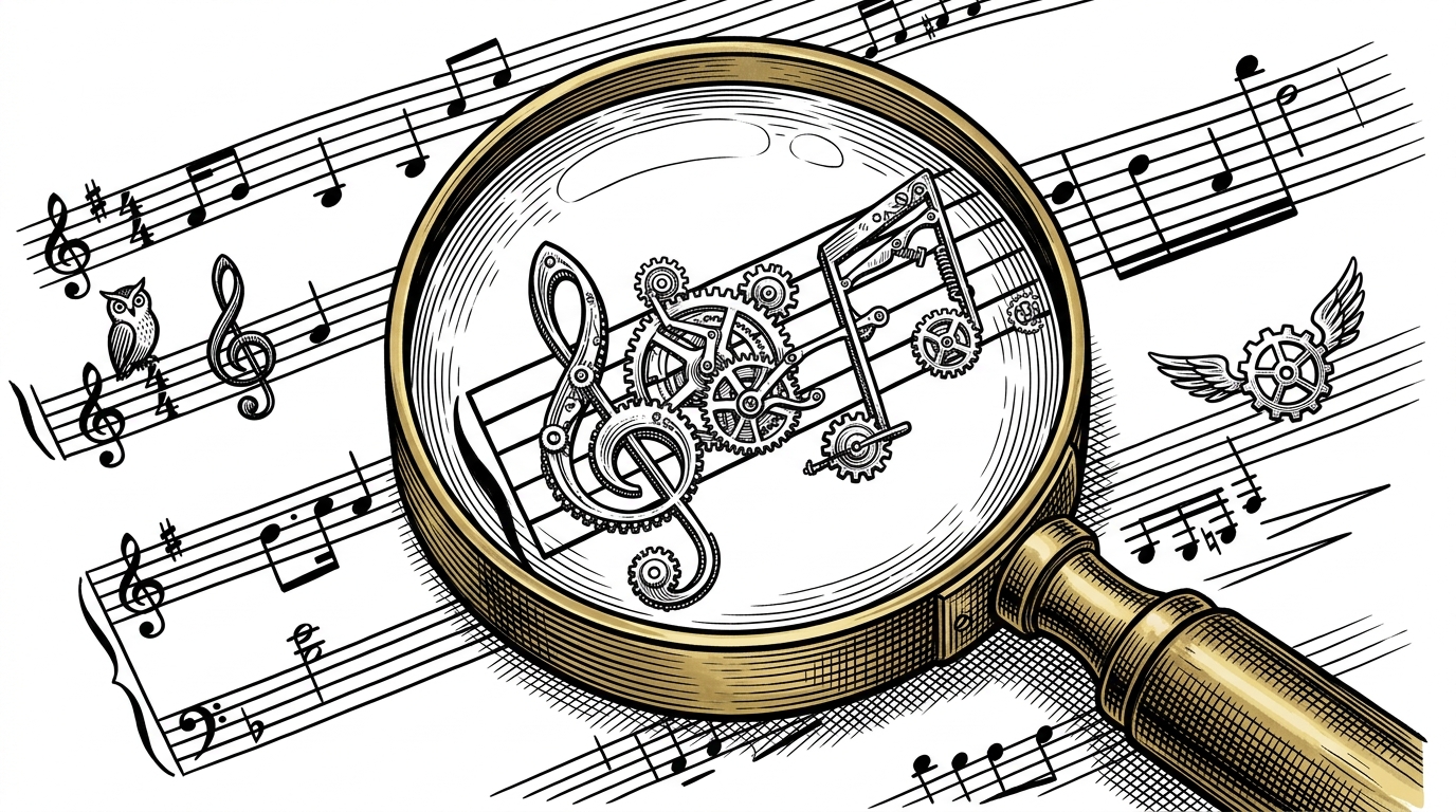 A heavy brass magnifying glass hovering over a piece of sheet music. Where the glass magnifies the notes, the musical symbols are revealed to be tiny, intricate mechanical gears and levers.