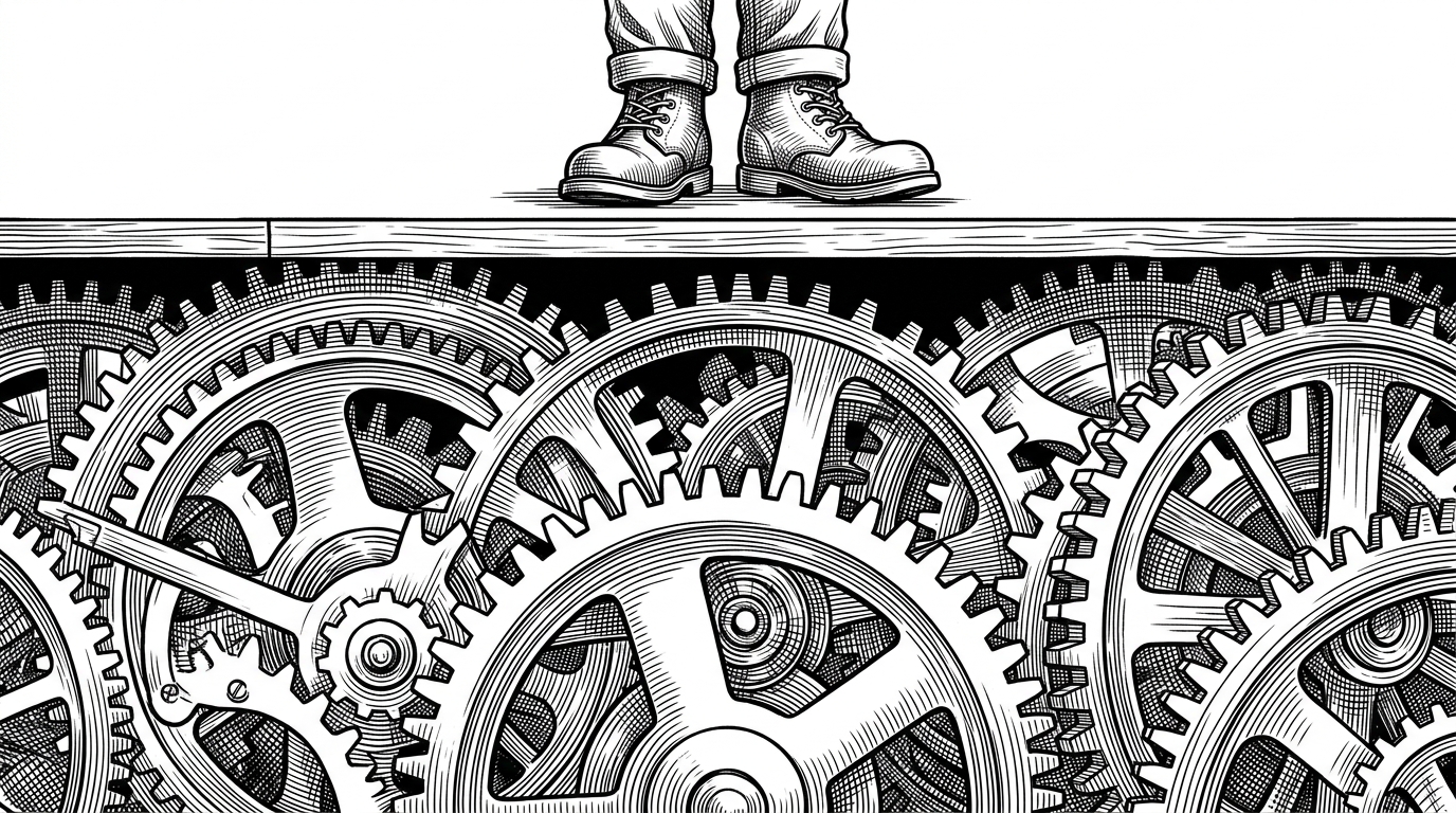 A massive, complex clockwork mechanism of interlocking gears operating silently beneath a simple, plain wooden floorboard. A single pair of boots stands on the floorboard above.