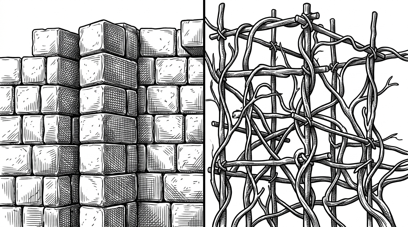 A composition split into two halves. The left side depicts a solid, perfectly rigid wall built from interlocking square stone blocks. The right side depicts a scaffolding made of thick, flexible, intertwining vines shaped into a wall. A clear visual contrast.