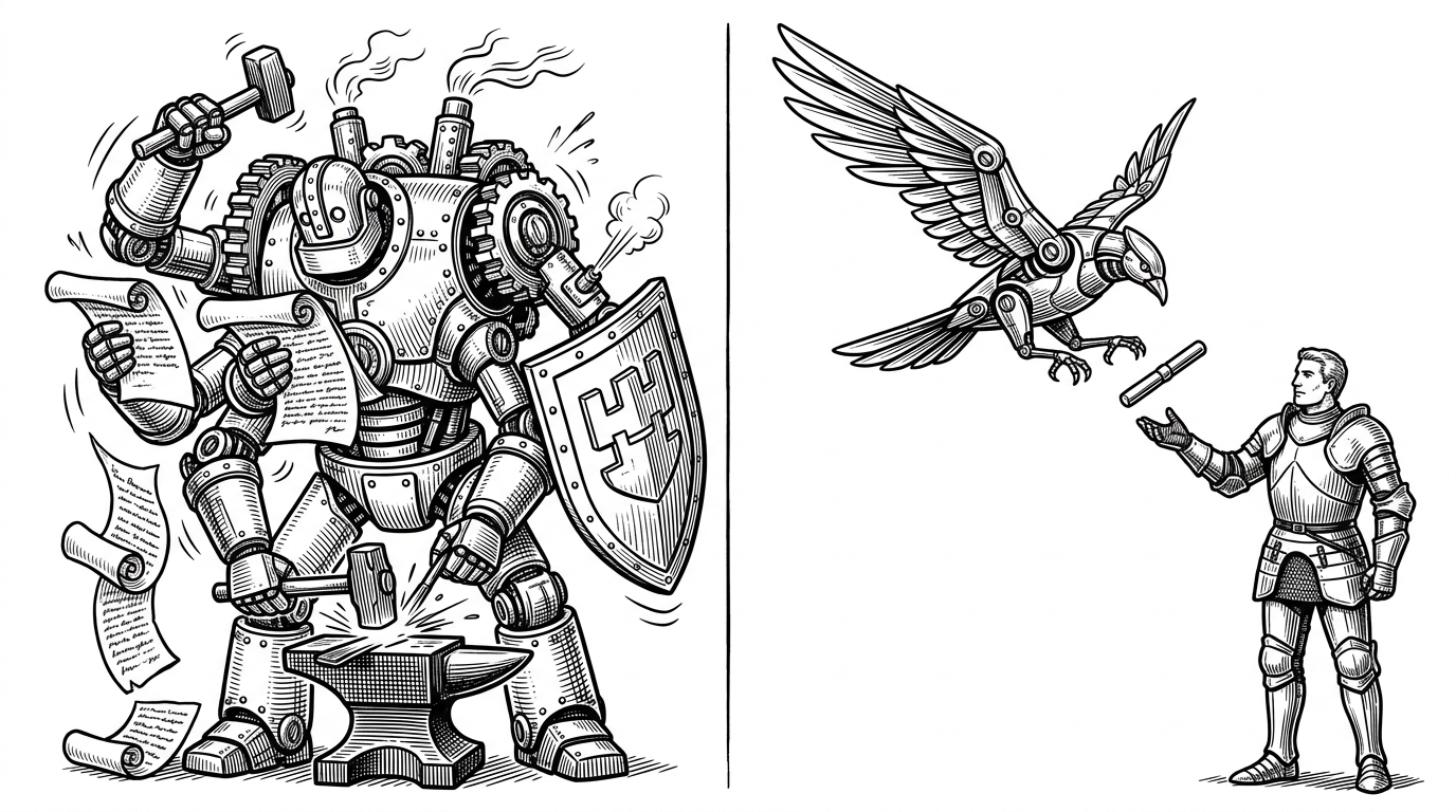 A split composition. The left side depicts a giant, cumbersome mechanical golem struggling to perform multiple tasks at once: reading scrolls, forging metal, and holding a shield. The right side depicts a sleek mechanical bird gracefully dropping a small baton into the outstretched hand of a waiting, sturdy knight.