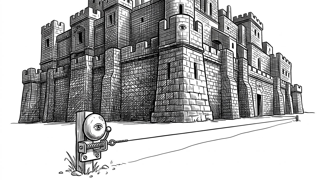 A massive, overly complex fortress wall in the background contrasts with a single, razor-thin tripwire mechanism in the sharp foreground. The tripwire is connected to a small, precise mechanical bell. The illustration represents apermon as a lightweight, hyper-efficient tripwire compared to standard bloated enterprise security appliances.