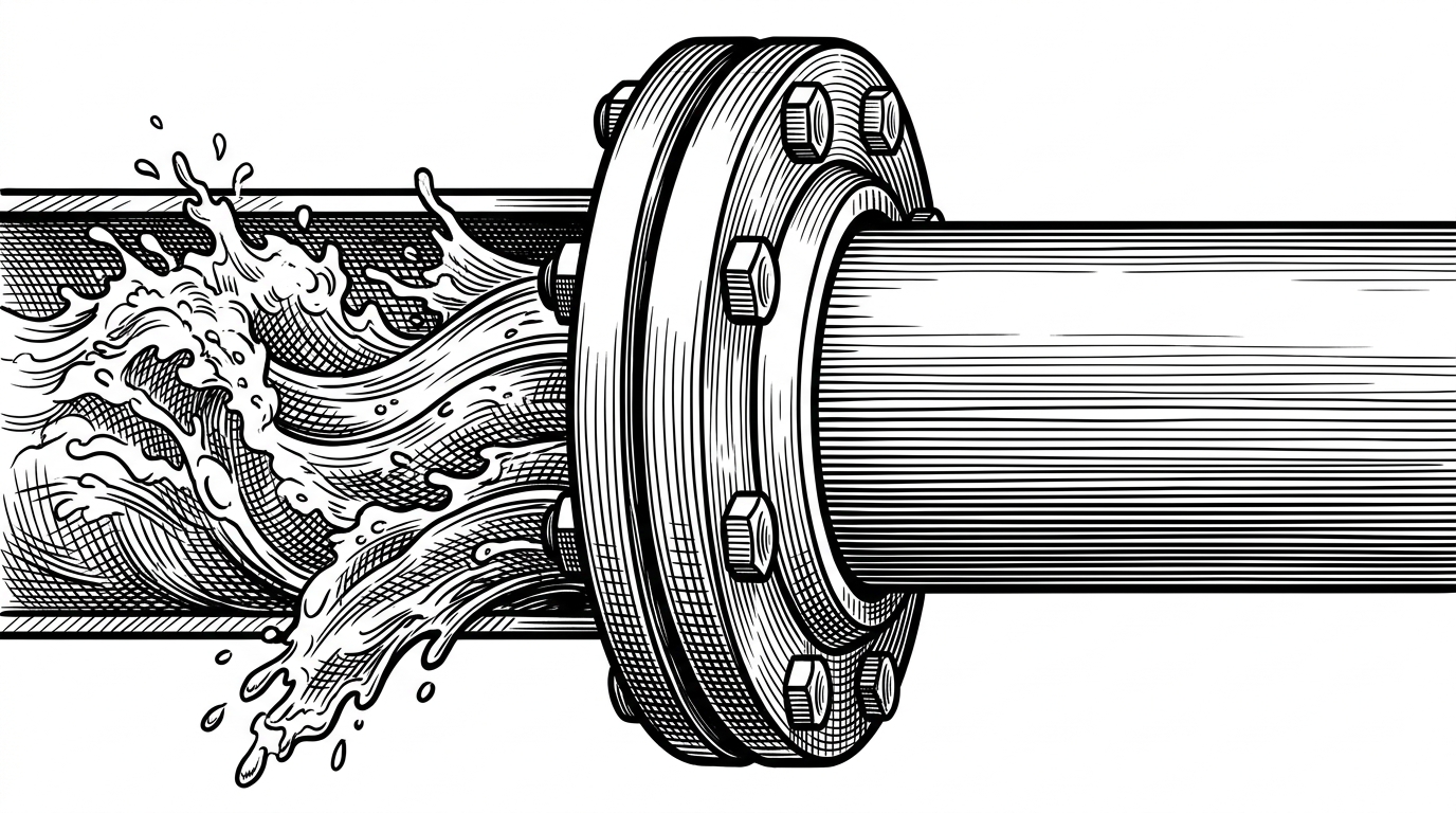 A cross-section of an industrial water pipe showing turbulent water on one side of a flange and a perfectly smooth, solid cylindrical stream on the other. This visualizes how CAKE and BBR transform chaotic network queues into high-throughput streams.
