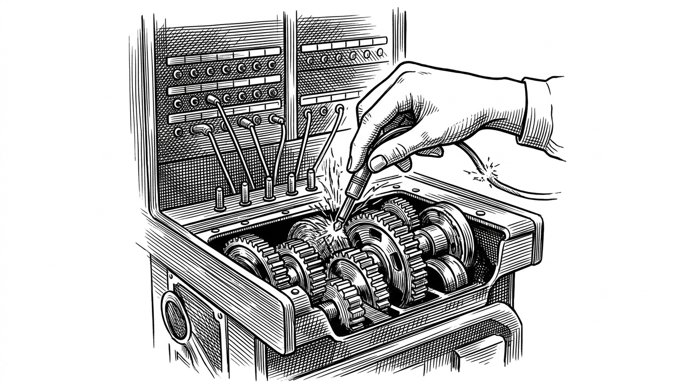 A vintage 1920s telephone switchboard where an operator's hand is jamming a raw, sparking wire directly into the exposed, spinning gears of a heavy iron engine block. This illustrates the raw and immediate power of the curl-to-bash execution model.