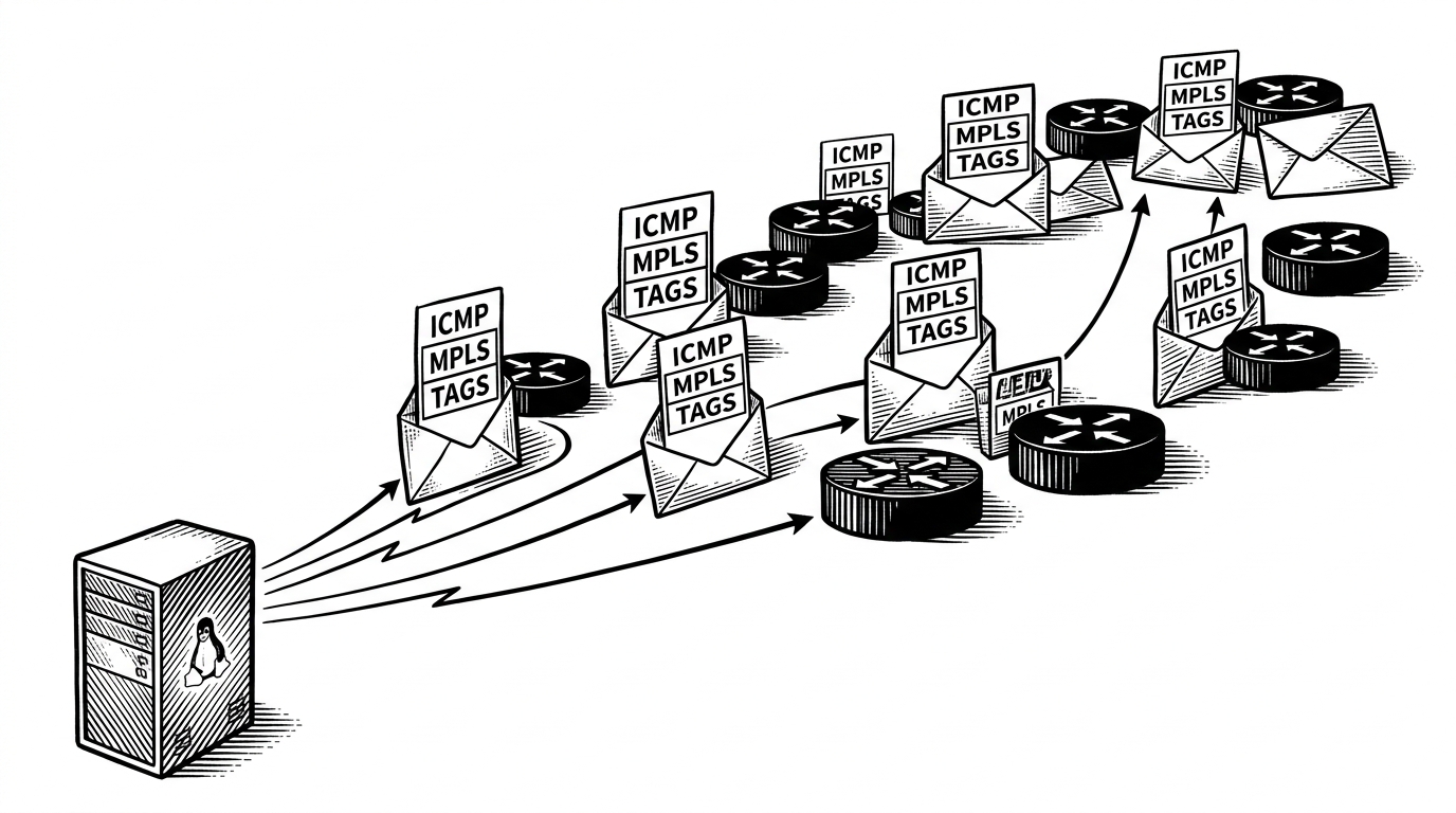 A lone Linux box sends traceroute probes toward a theatrical chain of MPLS routers that only exists in the replies. The scene explains that the project does not just answer packets, it stages an entire path that traceroute believes is real.