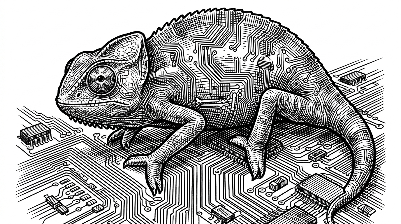 A close-up of a chameleon resting on a dense printed circuit board, its skin perfectly replicating the metallic traces.