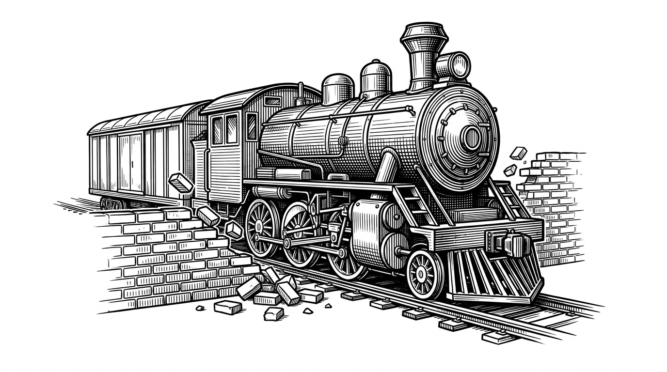 An armored steam train painted to look like a civilian cargo car smashing through a brick barricade.