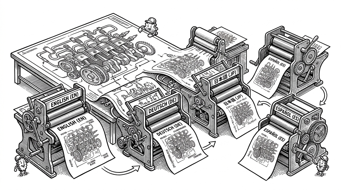A complex blueprint of a mechanical engine being translated by four distinct mechanical printing presses.