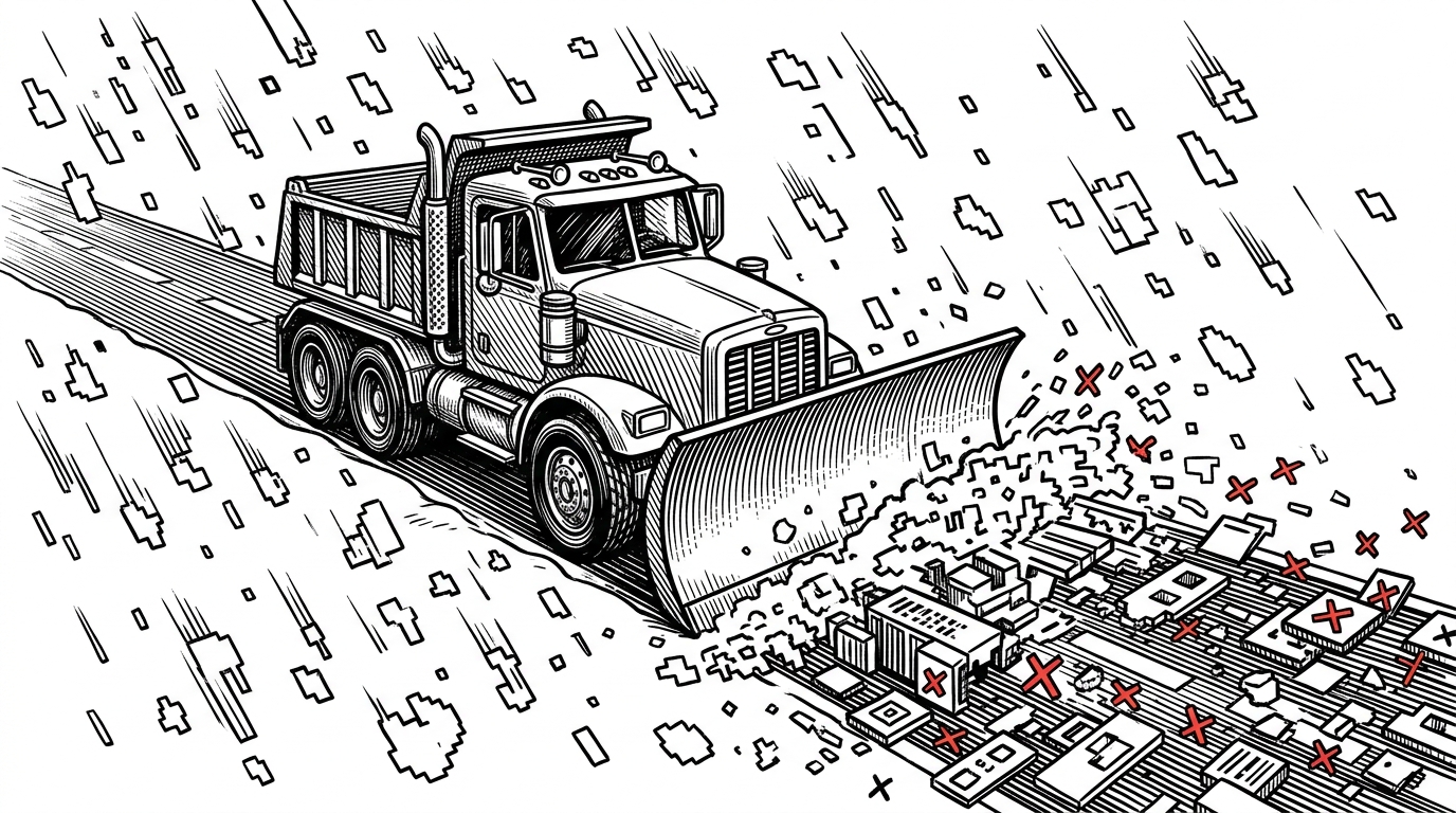 An editorial illustration of a massive snowplow clearing a path through a storm of pixelated debris, representing Hysteria forcing its way through a congested network.