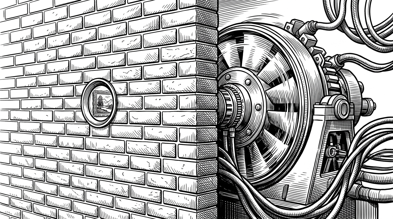 An editorial illustration showing a wall with a peephole. Through the peephole, a boring static webpage is visible. Behind the wall, a massive, high-speed data turbine is spinning rapidly.