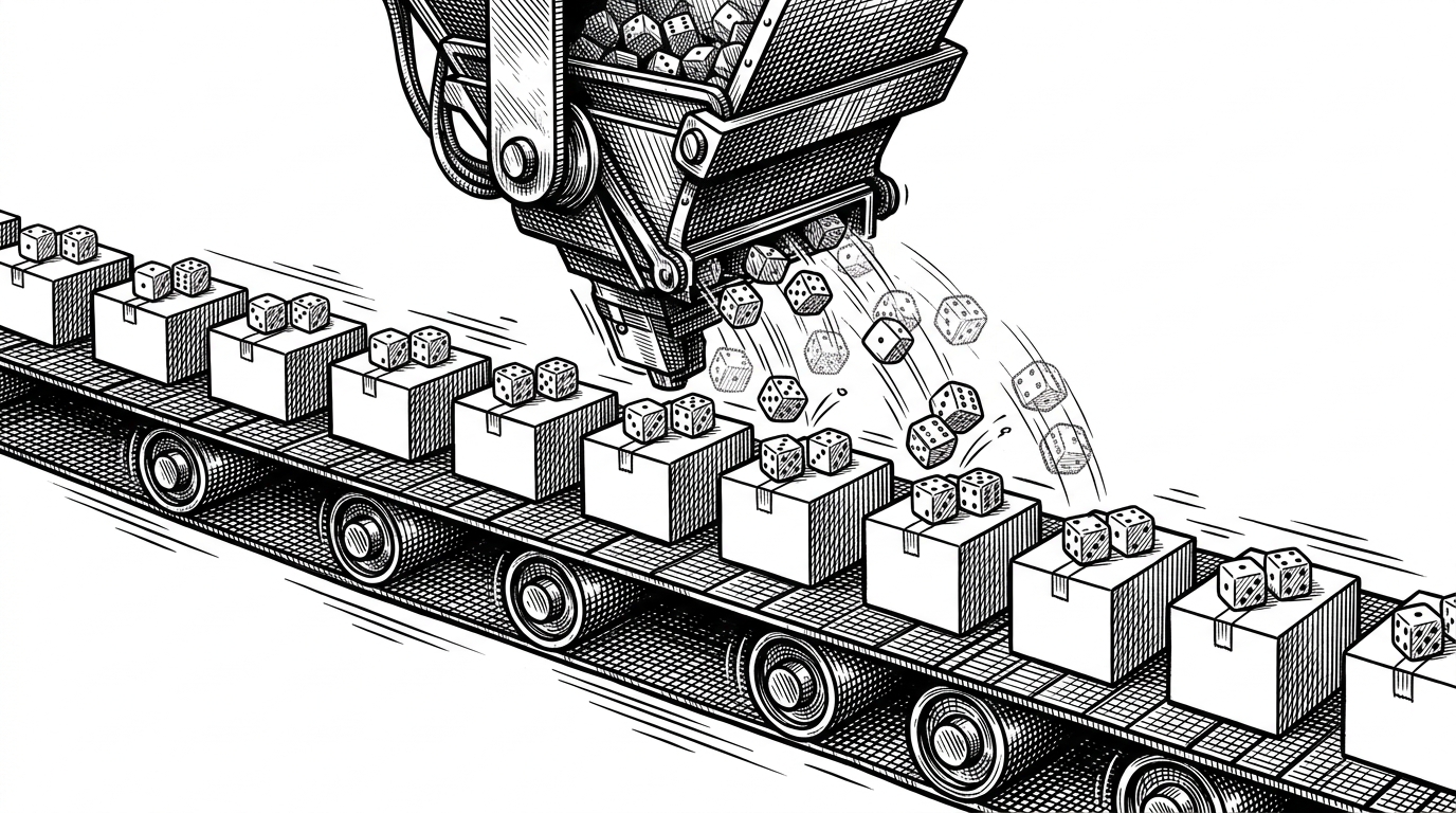 A mechanical hopper dropping dice onto identical parcels moving on a high-speed conveyor belt. This represents the computational tax of generating entropy for every network packet.