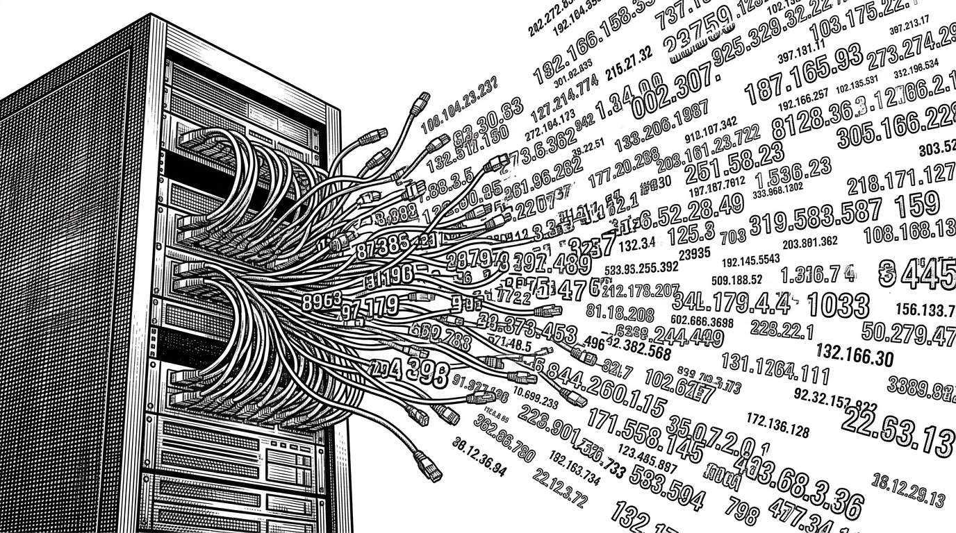 A single server rack emitting a chaotic swarm of floating IP addresses. This illustrates the concept of mapping one machine to a randomized prefix.