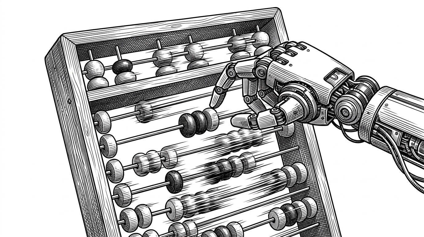 A modern robotic arm rapidly shifting the beads of a traditional wooden abacus. This represents the manual, high-speed recalculation of layer 4 checksums.