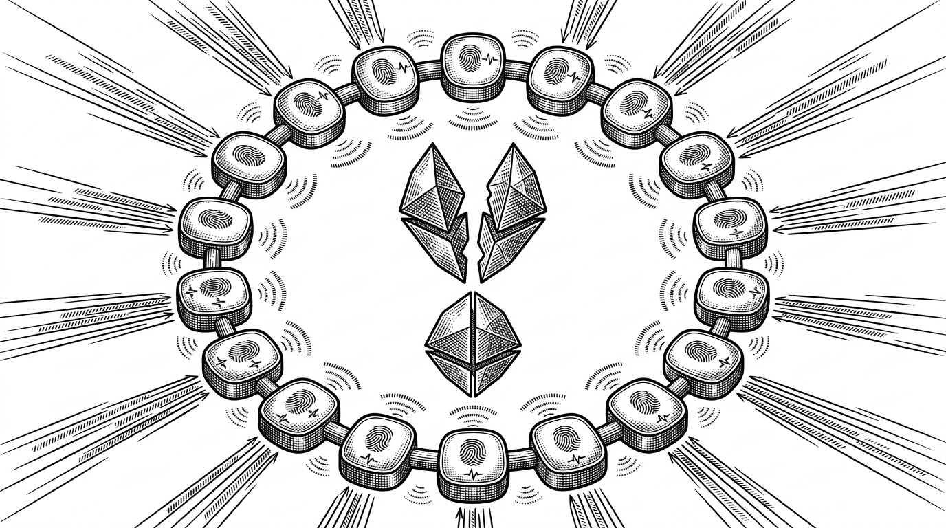 A ring of equal database nodes receives the same stream of sensor signals while small gossip pulses pass between neighbors. In the center, a state fragment splits into matching halves, showing how the cluster reconciles drift without a single leader. It explains why MiniTrue’s main story is coordination, not just storage.