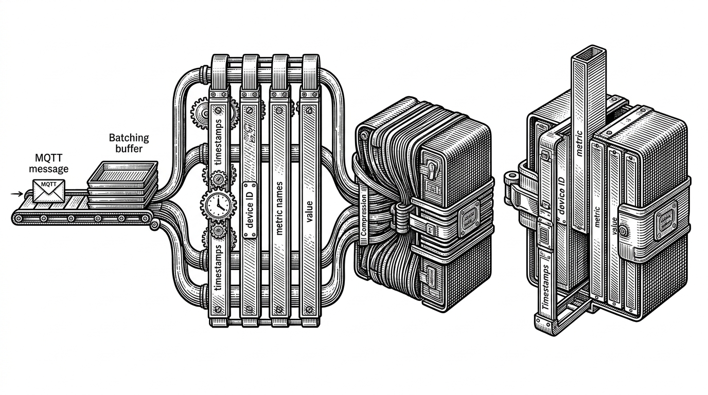 A telemetry record moves through a tight pipeline from MQTT message to batch buffer to separated columns, then into a compact storage block. On the right, the same block is queried for one metric and only the relevant pieces are decoded. It explains how the storage engine turns ingest into compressed analytical access.