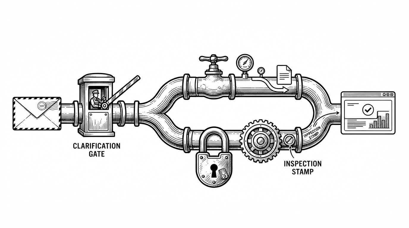 A close-up pipeline shows a request entering from the left, passing through a clarification gate, then splitting into a safe read path and a guarded write path. The write branch includes a lock and checksum mark, while the right side shows a confirmation modal and a rendered chart. The image explains how Appwrite Agent negotiates intent before acting.