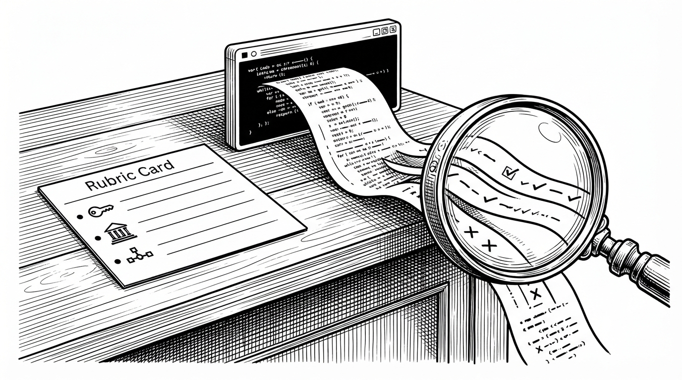 A close-up of a judge's desk with a rubric card, a streamed model answer, and a grading lens that splits the answer into checked and rejected fragments. The image explains that Arena scores free-form responses using structured criteria, not vague intuition.