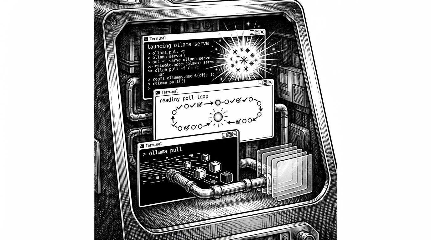 A close-up scene shows three terminal windows stacked inside a larger machine. One terminal launches ollama serve in the background, another repeatedly checks readiness, and a third pulls a model once the server responds. The image explains the hidden build-time daemon pattern and the sequence that makes it work.