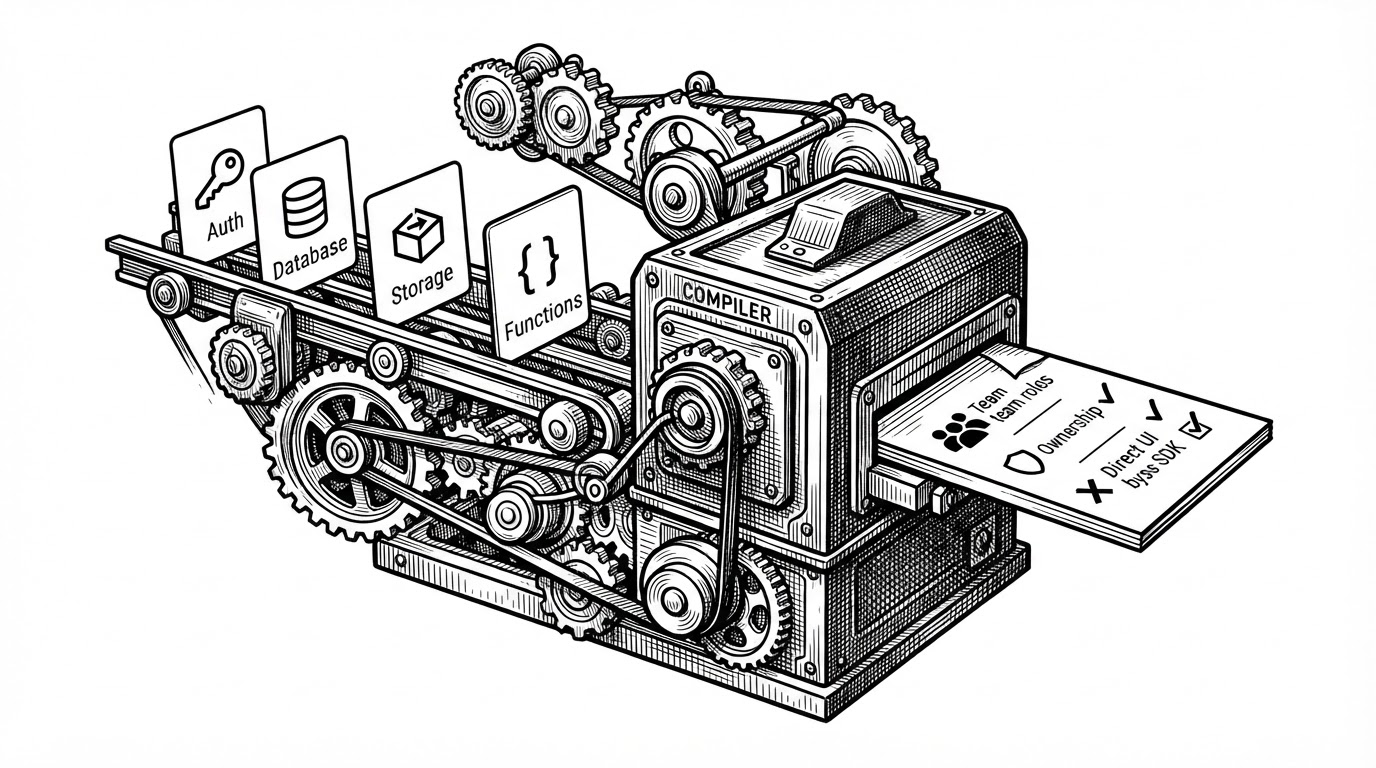 A close-up of a precision machine where labeled rule cards for auth, database, storage, and functions slide into a central compiler box. The box emits a single markdown file with strict callouts about team roles, ownership, and avoiding direct SDK calls from UI code. The image explains how opinionated fragments become one enforceable instruction set.