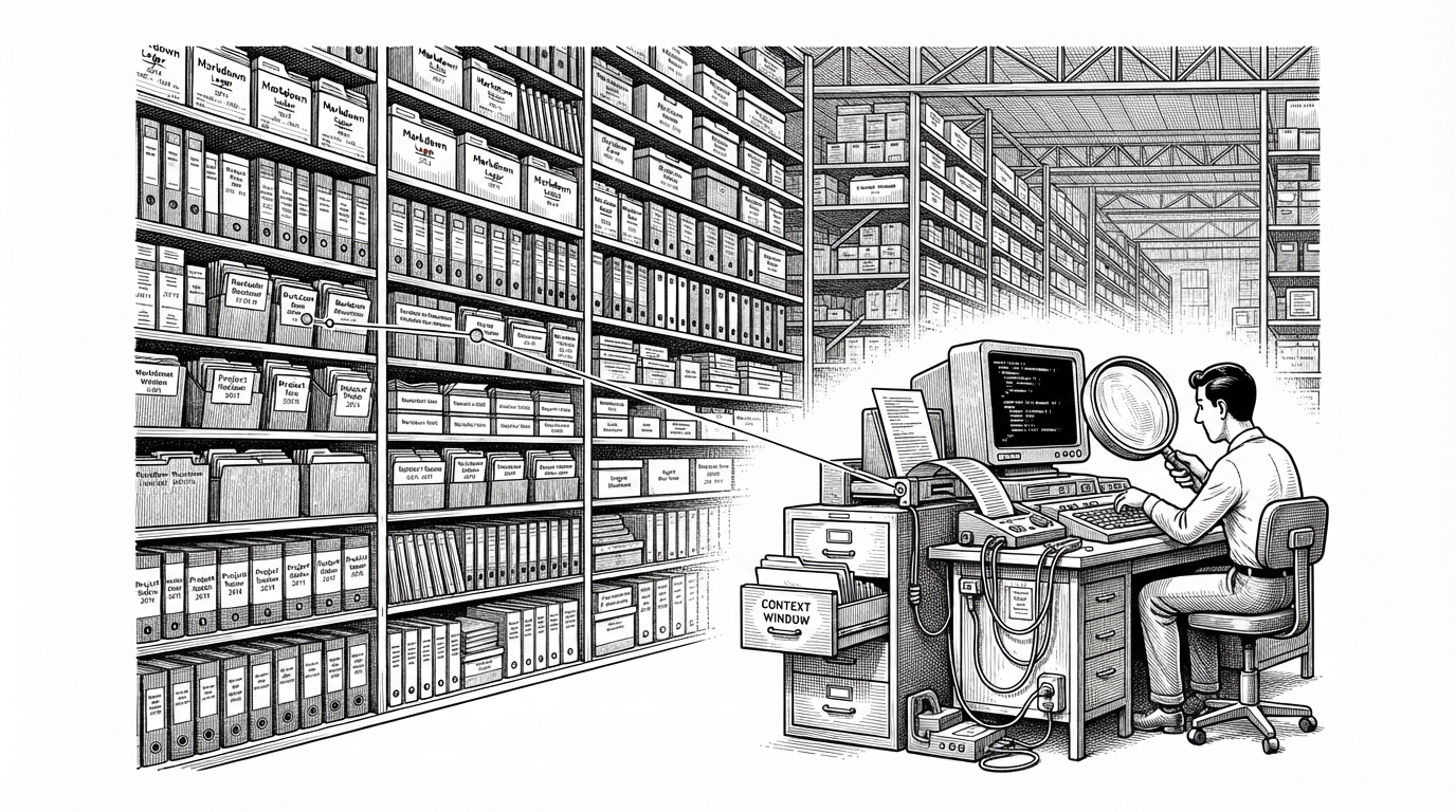 A wide black-ink illustration of a library ledger becoming a shipping system, with Markdown files on shelves feeding a small agent workstation that pulls only one folder at a time. It explains the article’s core idea that documentation is no longer just a site for humans, but a package that machines can install and query selectively.