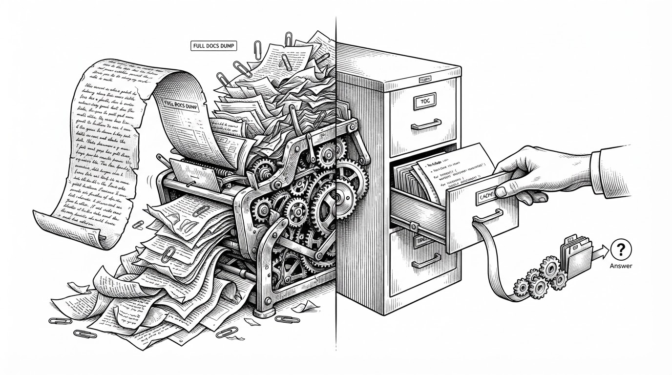 A close-up black-ink illustration of a split mechanism. One side feeds a giant brittle scroll into an overloaded model, while the other side opens a compact cabinet labeled TOC, search, and cache, sending out a single page. It explains why selective retrieval beats flooding a context window with an entire manual.