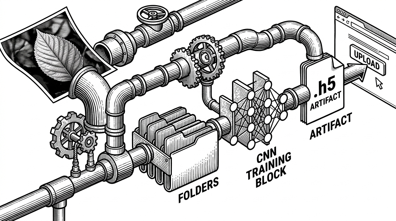 A close-up pipeline scene where one leaf image enters a folder-based labeling system, passes through a CNN training block, and emerges as a saved .h5 artifact that powers a web upload panel. The image explains how the repository turns directory structure into a complete training and inference loop.