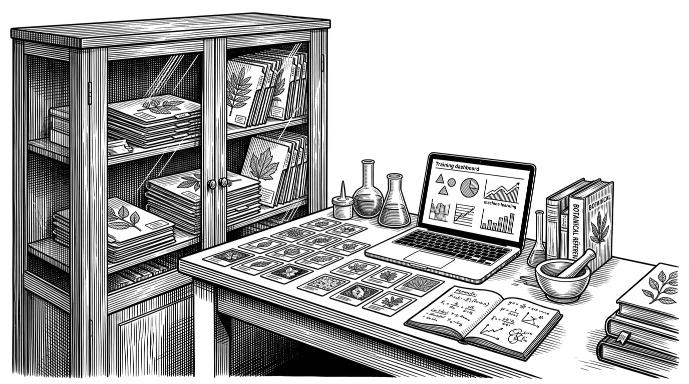 A compact laboratory scene with leaf specimen folders in a glass cabinet, image thumbnails laid out like slides on a workbench, and a laptop running a simple CNN training dashboard. The scene explains that the repository behaves like a self-contained lab, where data and code live together instead of being split across downloads and external setup steps.