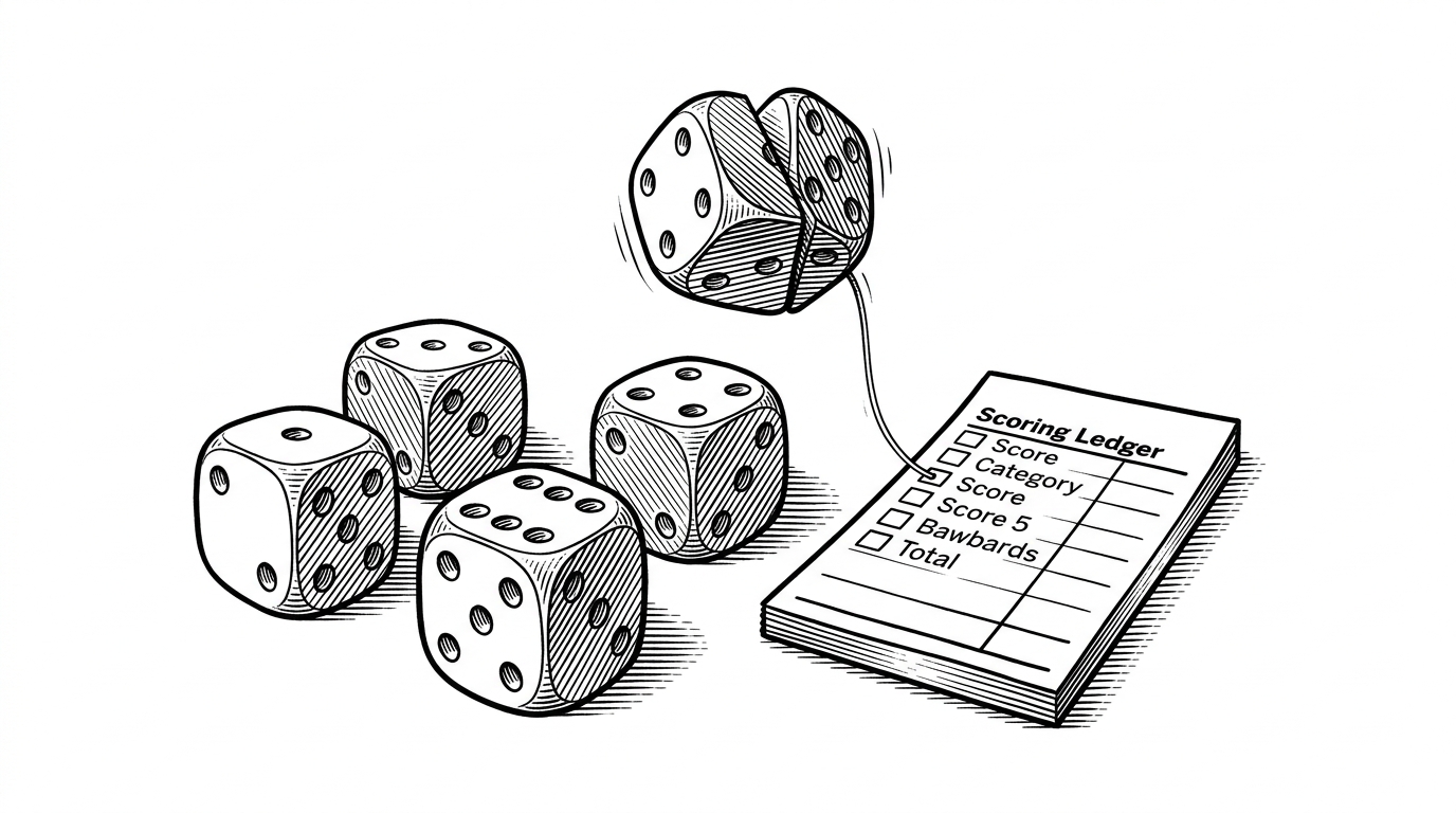 Five dice sit on a white tabletop beside a scoring sheet. One die appears caught between faces, as if the code is testing alternate outcomes before settling on a legal hand. The scene explains how the project turns a physical dice game into a search problem instead of a simple roll-and-check toy.