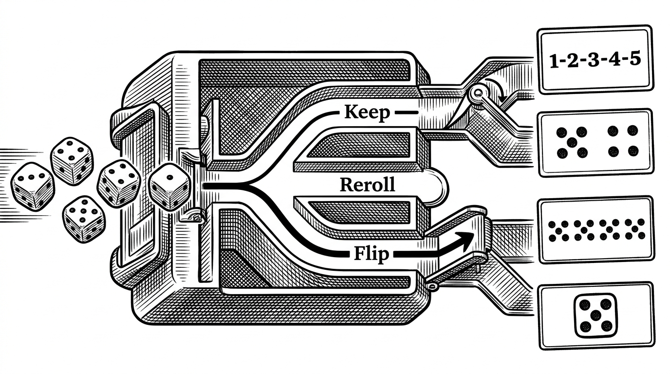 A mechanical sorting device takes in five dice values and sends them through branching paths labeled keep, reroll, and flip. On the far side, stamped result boxes collect different scoring outcomes. The image explains how the scorer expands one hand into several candidate hands before ranking them.