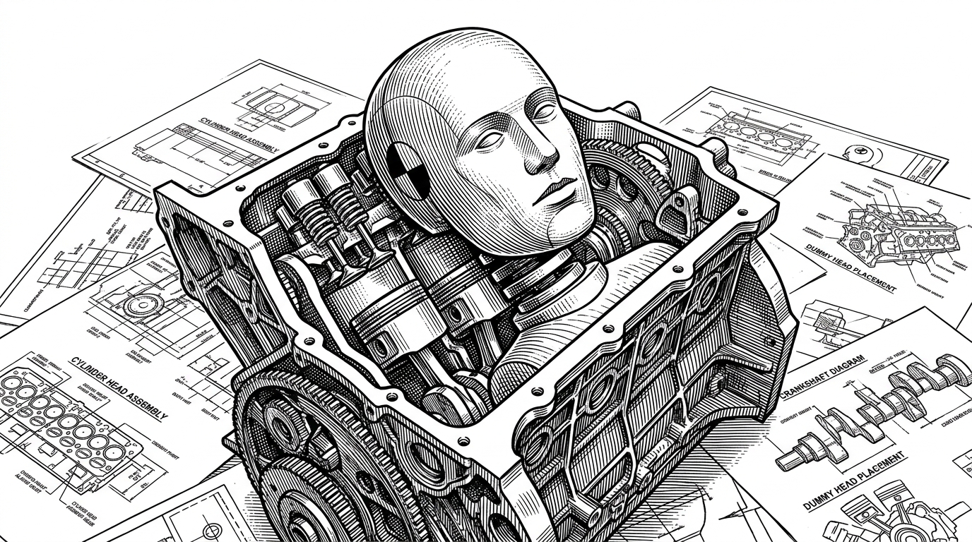 A wooden crash-test dummy head resting inside a transparent, exposed mechanical engine block, representing deliberately vulnerable systems built for testing.