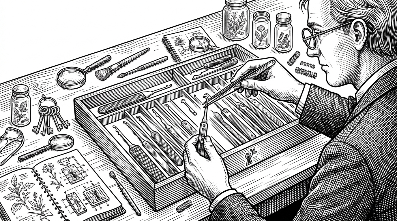 A pair of tweezers placing a highly detailed mechanical lockpick into a compartmentalized wooden tray, illustrating the categorization of specialized security tools.