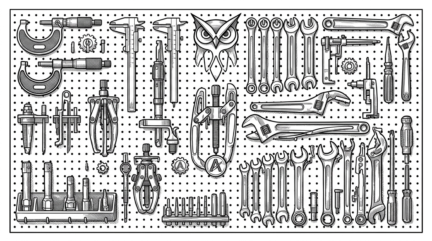 A meticulously organized physical armory wall displaying specialized mechanical tools, representing the curated nature of the awesome-api-security repository.
