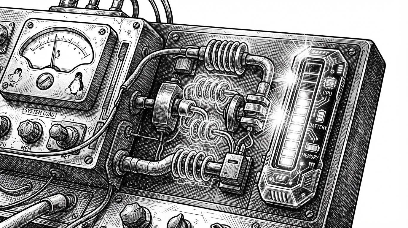 A close-up of a system gauge being remapped from a plain Linux meter into a glowing cybernetic health bar, with CPU, battery, and memory signals feeding into a game-like display. The image explains that the project is about translating machine state into fictional UI language, not just decorating widgets.