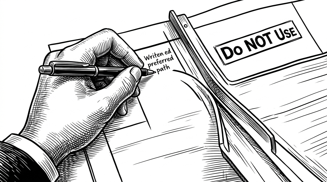 A close-up of a hand filling out a table where a preferred path is written on the left and a rejected alternative is stamped on the right. A rigid guide rail bends a default route away from the page, showing how negative constraints shape the model’s choice.