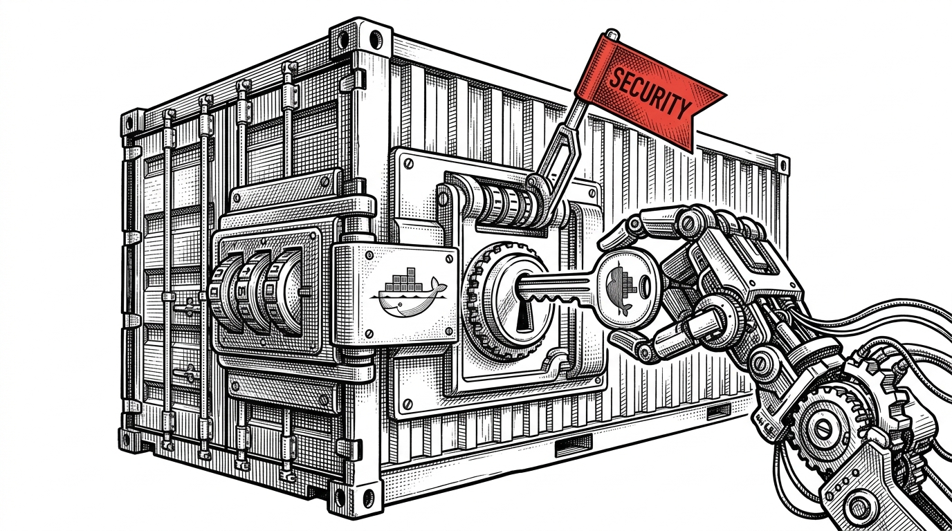 A close-up of a steel shipping container with a massive integrated combination lock being tested by a robotic arm.