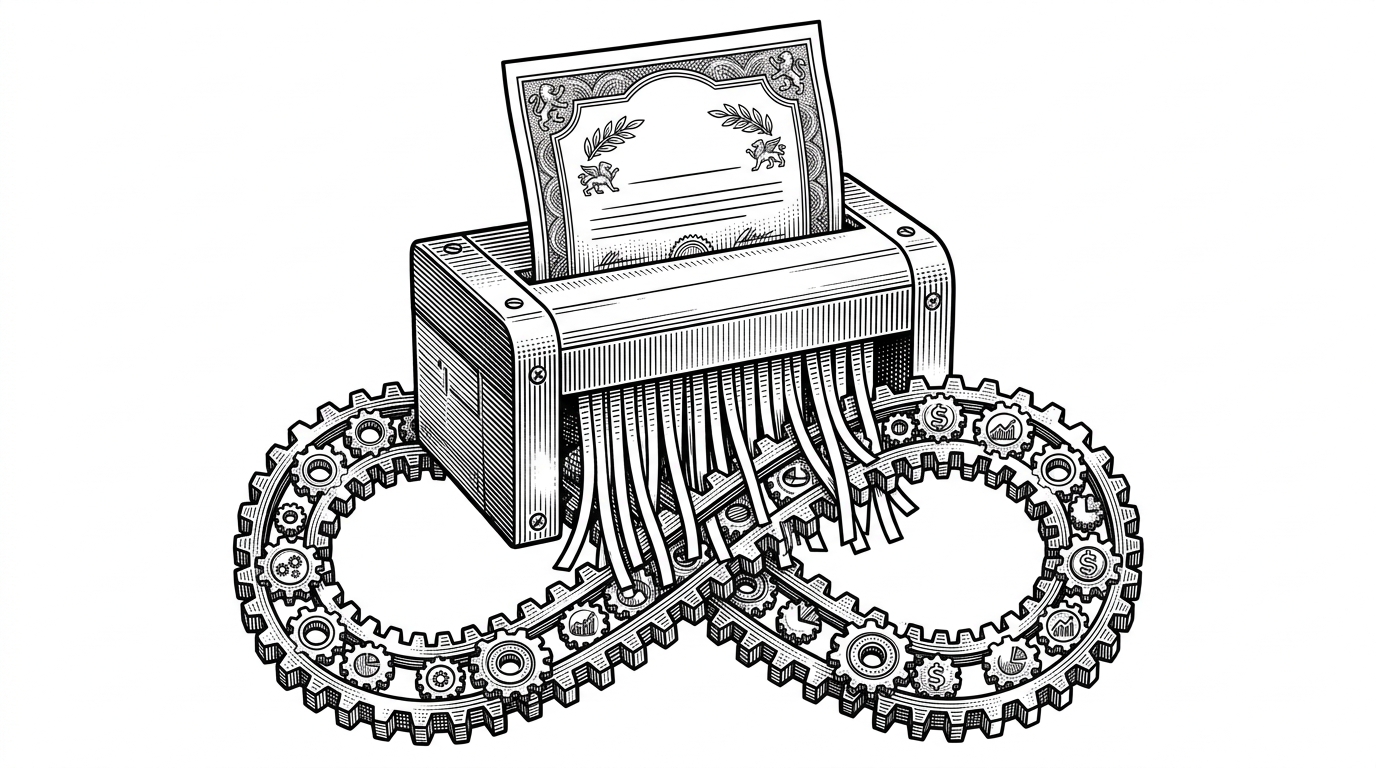 A paper certificate being shredded and woven into a metal infinity loop, representing the transition from static credentials to automated engineering.
