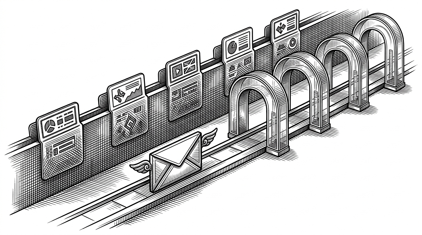 A wide editorial scene shows a small request packet moving through a narrow routing corridor instead of a heavy industrial machine. Route cards and middleware gates flank the path, explaining that LRPC treats RPC less like a separate protocol world and more like disciplined request dispatch.