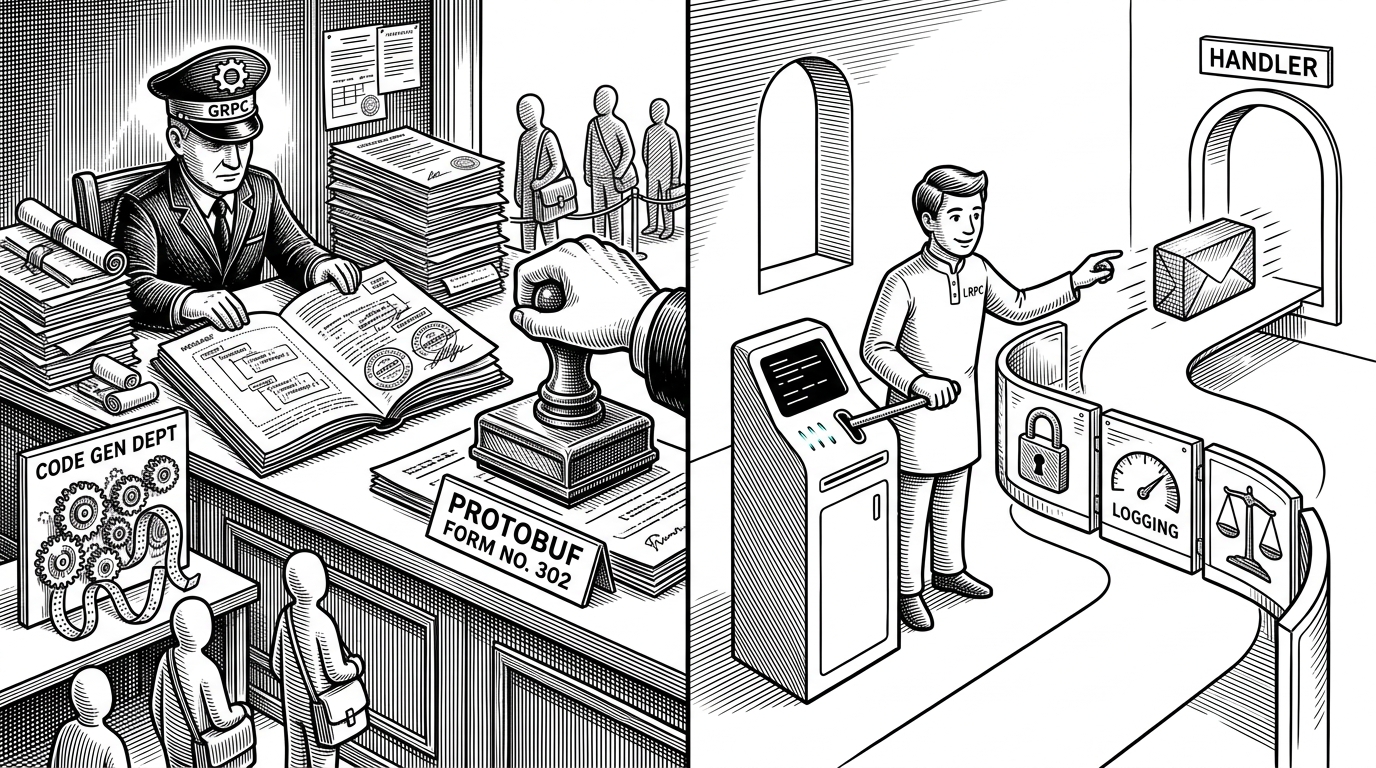A split editorial illustration shows a formal customs checkpoint on one side and a streamlined route desk on the other. The contrast explains how gRPC leans on strict contracts and generated code while LRPC tries to keep service calls closer to normal Go routing.