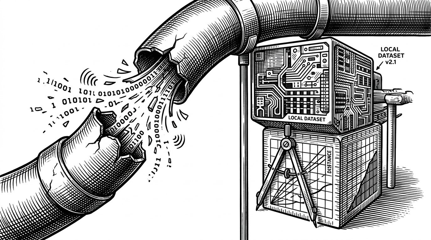 A close-up of a cracked external API pipeline being bridged by a local station dataset and distance calculations. The image shows the system staying intact even when the outside service breaks, which explains the app's fallback strategy.