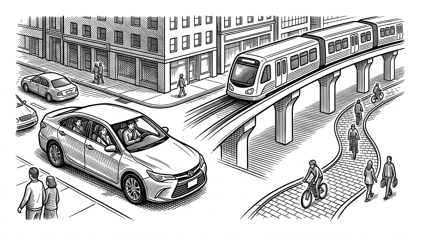 A commuter journey split across three modes of travel: a ride-hail car, a rail line, and a short walking connection. The scene shows that the cheapest practical route is not always a single road trip, which is the core idea behind the app.