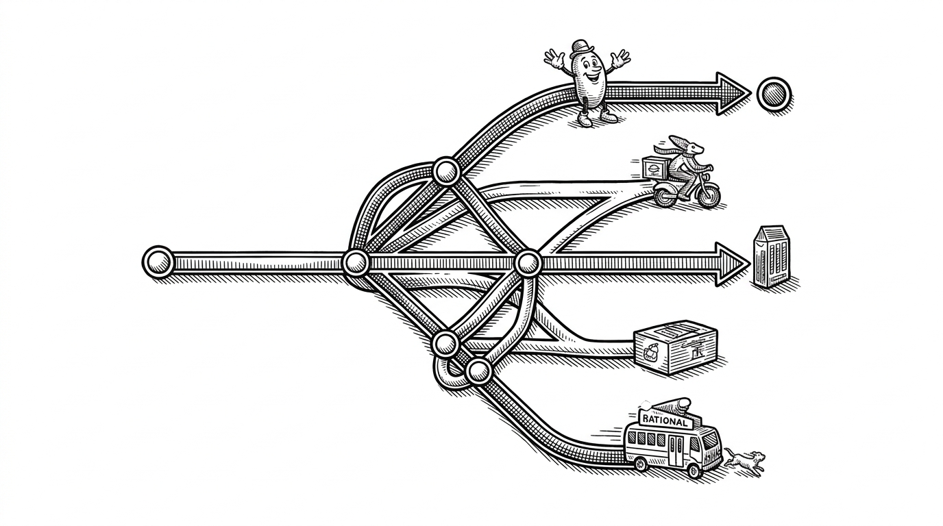 A medium-distance view of one origin and one destination connected by five branching route paths. Some paths are direct, some bend through rail stations, and some stitch together multiple legs, showing that the app compares route strategies rather than a single best line.