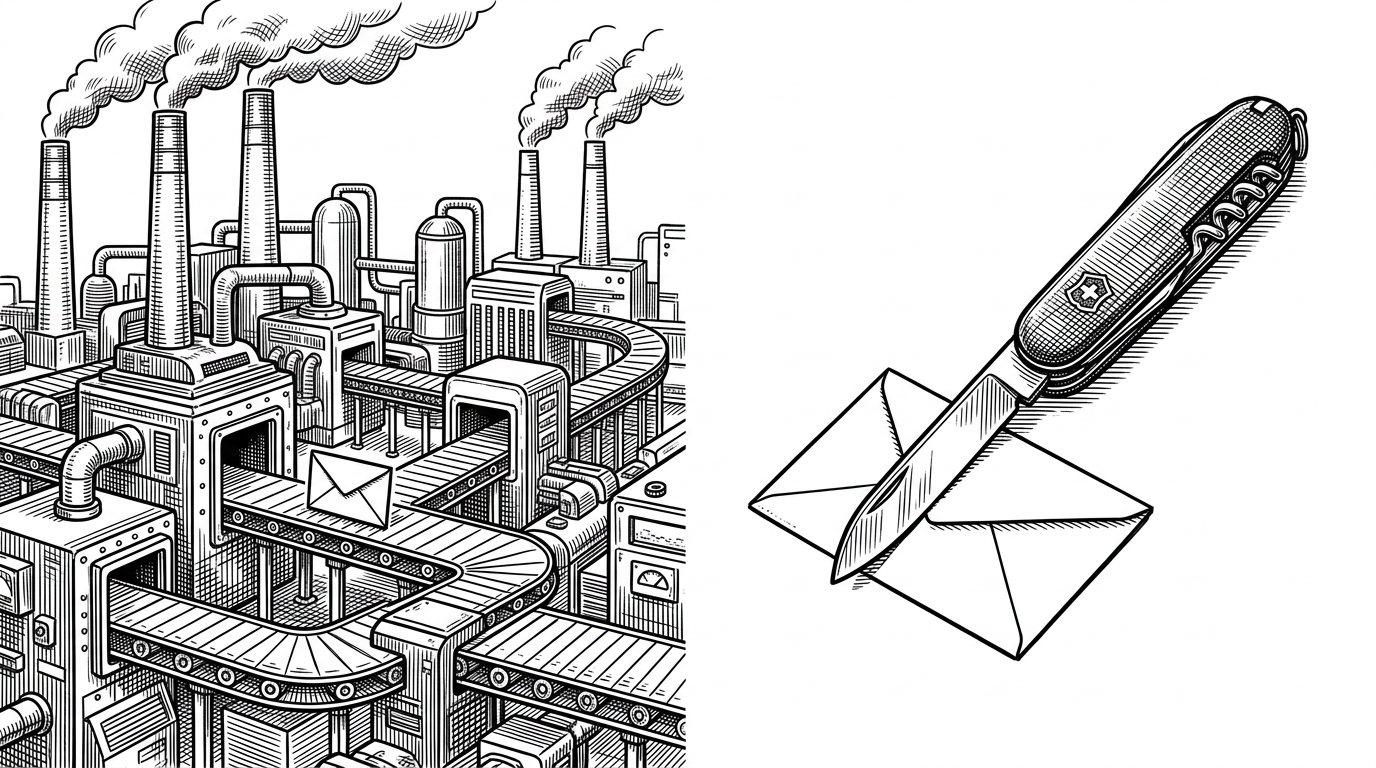 A split composition showing a massive, complex factory assembly line processing a single envelope on the left, next to a simple Swiss Army knife slicing open the same envelope on the right. This illustrates the contrast between over-engineered web apps and simple injection scripts.