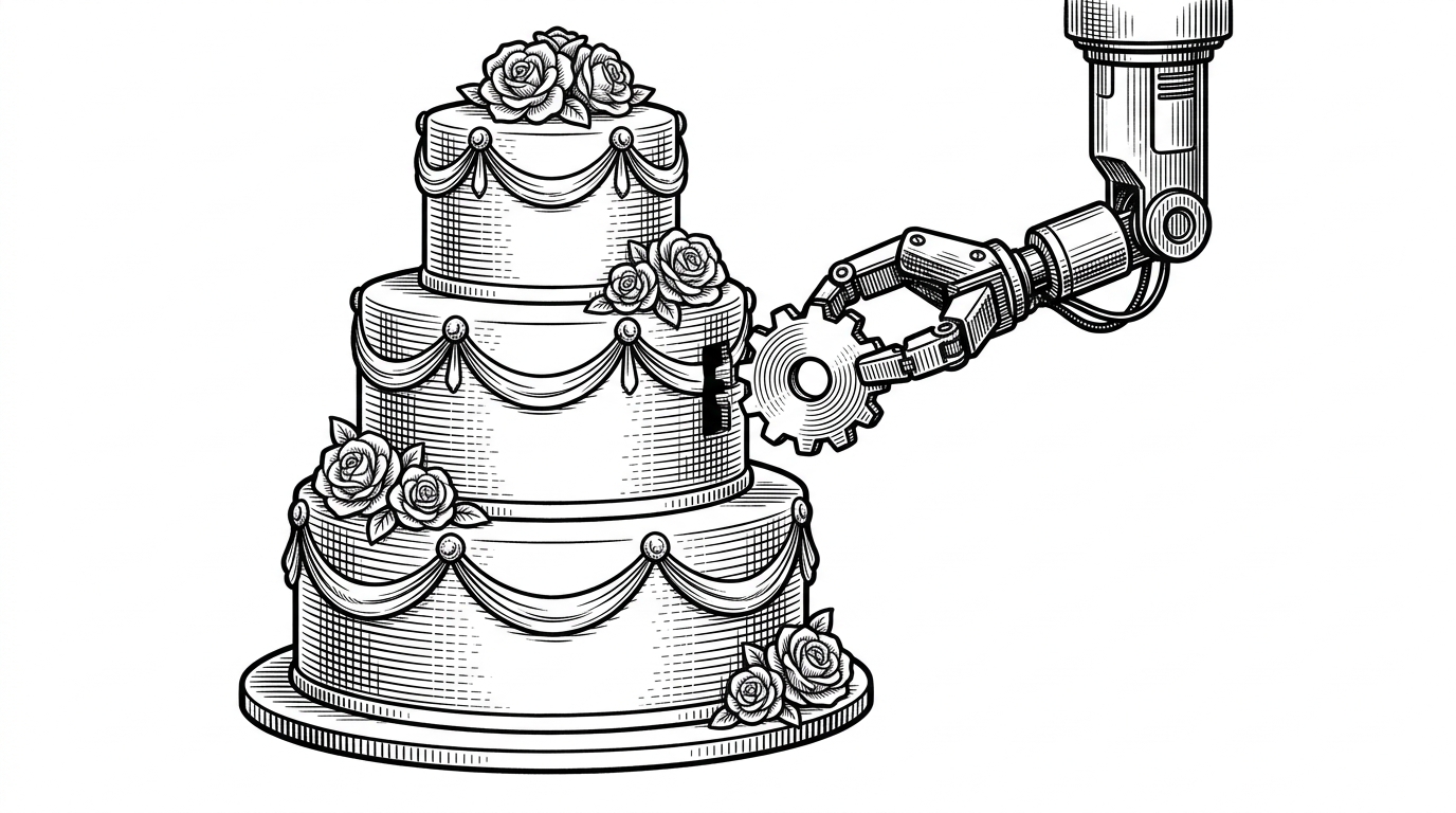 A formal wedding cake being modified by a robotic arm holding a gear. This illustrates the concept of injecting custom mechanical code logic into a rigid, pre-packaged event platform.