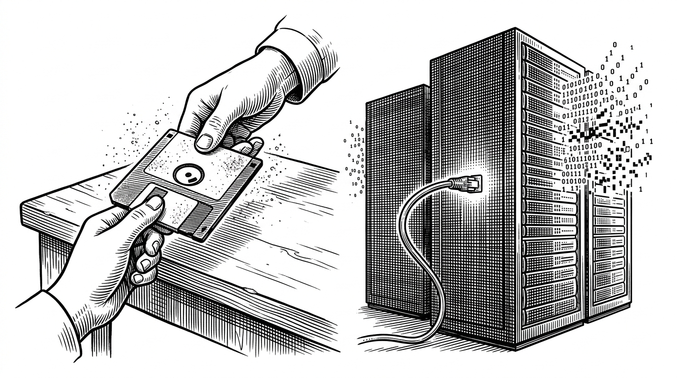 A split screen showing a floppy disk on a desk on the left, and a fiber optic cable plugging into a server on the right.