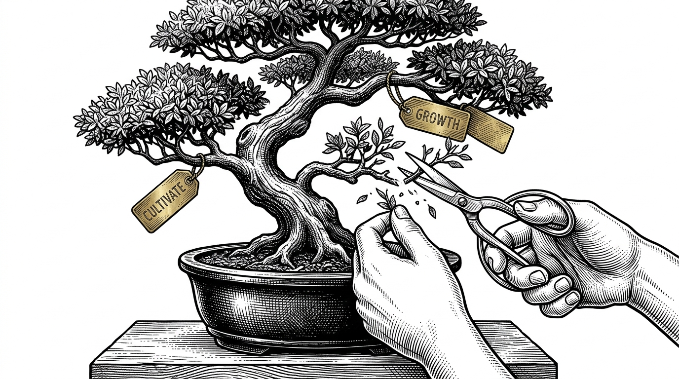 A bonsai tree being pruned with silver scissors, with brass tags on two branches, representing the careful curation of a Git tree.
