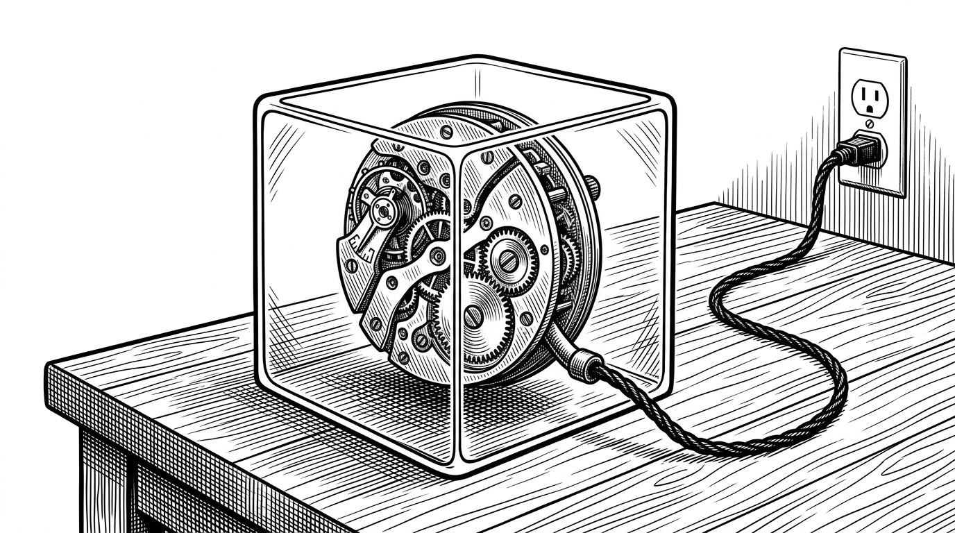 A smooth glass cube containing a ticking clockwork mechanism, plugged into a wall outlet. This illustrates the concept of a sealed, perfectly functional containerized application.